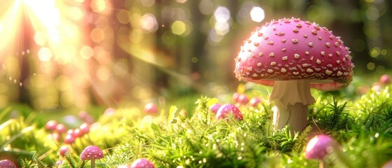   A tight shot of a mushroom amidst a field of grass and pink flowers in the foreground, with trees in the distant background - obrazy, fototapety, plakaty