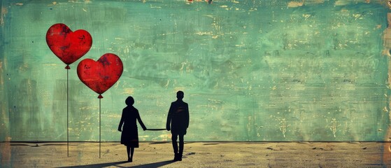   Two people hold hands before a heart-shaped cluster of balloons against a verdant backdrop