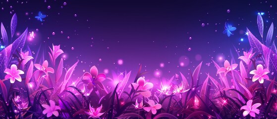   A purple backdrop with blooming flowers, butterflies in the emerald grass, and water droplets sparkling on the blades Dark blue sky overhead