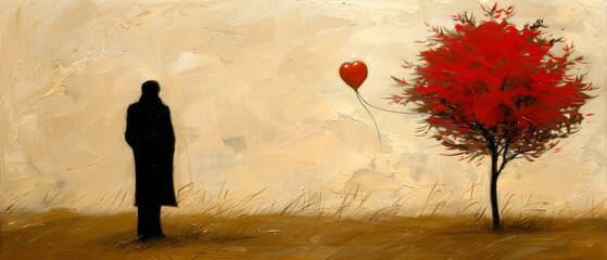   A man stands before a tree, holding a heart-shaped balloon tethered to its trunk