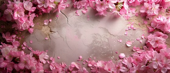   A stone wall with a hole features a collection of pink flowers along its side