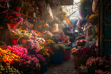 A bustling flower market alive with vivid blooms and fragrant bouquets. - obrazy, fototapety, plakaty