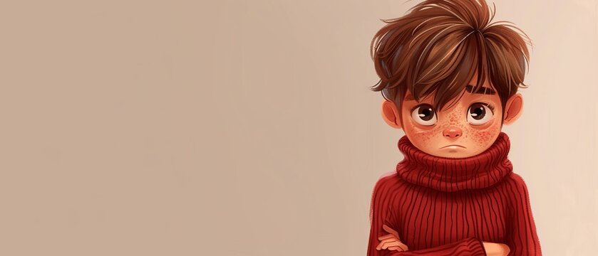   A boy in a red sweater and scarf, wearing a frowny expression