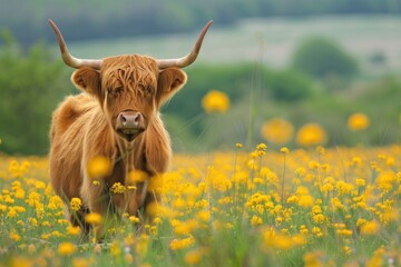 highland cattle standing in a field with yellow flowers