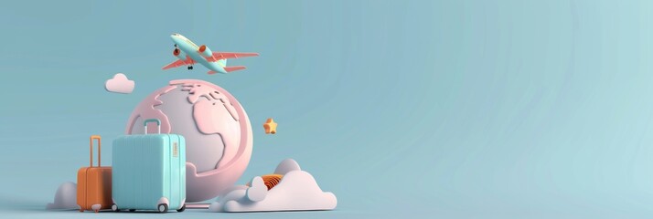 travel holiday conceptual 3D rendering. light image with 3D rendering of an airplane and suitcase and globe.