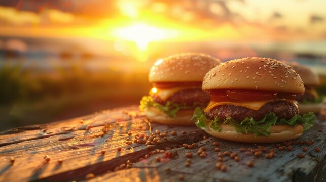 Imagine a delightful scene where three hamburgers rest on a rustic wooden table, basking in the warm glow of the sunset