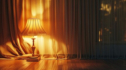 Imagine an elegant setting with a lamp on a wooden floor, its glow softened by a stylish lampshade - obrazy, fototapety, plakaty