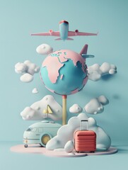 travel holiday conceptual 3D rendering. light image with 3D rendering of an airplane and suitcase and globe.
