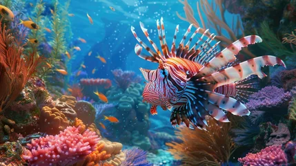 Tuinposter Immerse yourself in the underwater world with a prompt featuring a stunning lionfish at a coral reef © lara