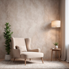 Living room design: soft beige armchair near the bedside table with a table lamp