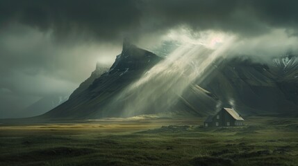 Dramatic mountain view with sunlight shining through clouds .AI generated image - obrazy, fototapety, plakaty