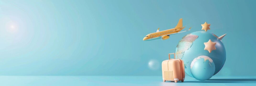 travel holiday conceptual 3D rendering. light image with 3D rendering of an airplane and suitcase and globe.