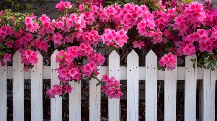 Foto op Plexiglas Vibrant pink azaleas bloom profusely along a white picket fence, their lush petals a herald of spring and natural beauty. © mashimara