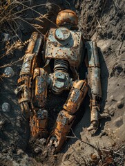 A dilapidated robot figure rests partially buried in the forest floor, its rusted and weathered exterior blending with the natural surroundings to create an eerie, post-industrial scene.