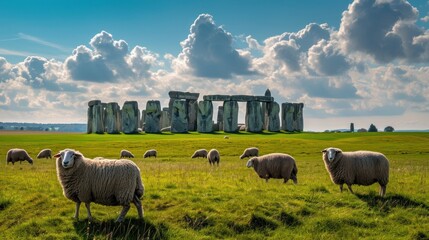 A female sheeperd with a little lamb at famous Stonehenge ancient mystery site in England UK.