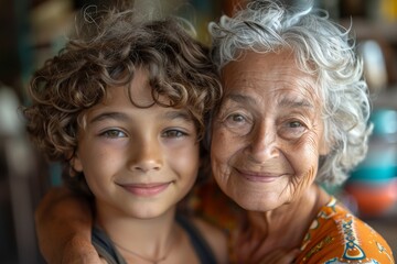 An affectionate portrait of a curly-haired boy with his elderly grandmother in a cozy indoor environment - obrazy, fototapety, plakaty