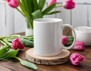 mockup of mug tea and tulips