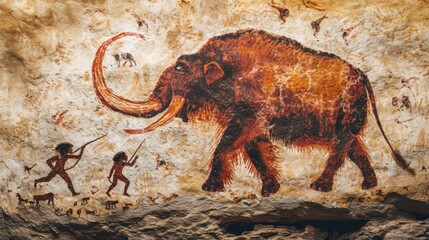 Rock painting of hunting scene of a team of primitive cavemen attacking a giant mammoth in wild field.