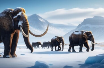 Prehistoric mammoths in snowy nature