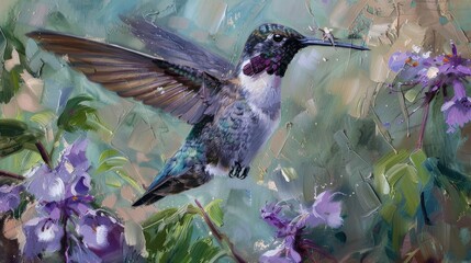 Fototapeta premium Paint a picture of wildlife in Northern Montana with a prompt featuring a hummingbird diligently searching for food