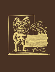 A tiki man holds a wood sign, palm trees illustrated in a one color retro 1940's style - vintage matchbook, sign menu, shirt graphic elements with a Hawaiian tropical luau theme in yellow and brown. - obrazy, fototapety, plakaty