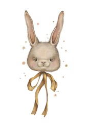 Bunny rabbit head watercolor illustration with a gold bow on the white background