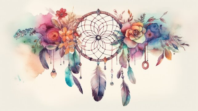 Watercolor illustration of handmade dreamcatcher, natural elements with colorful blossoms and feathers in watercolor textures, white background