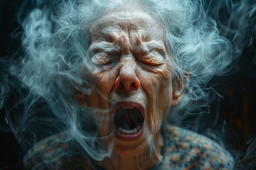 Surreal depiction of a person's head surrounded by swirling blue smoke, creating an intriguing and mysterious portrait - obrazy, fototapety, plakaty