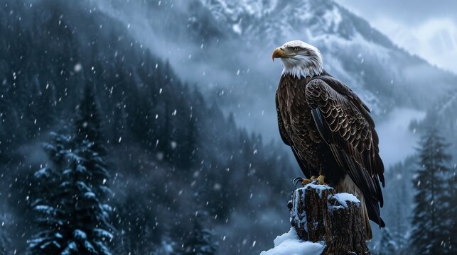 Bald eagle rest in wilderness lands with snow mountain in winter.