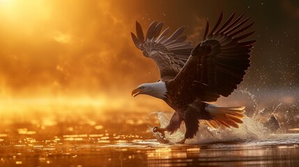 A bald eagle flying above water in wild at sunrise.
