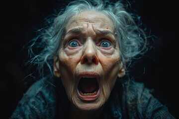 High-detail portrait of a shocked elderly woman against a black background
