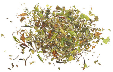 Organic Moringa green tea isolated on white, top view