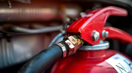 Obraz premium Red fire extinguisher placed in the trunk of a car, with clear labels and instructions visible