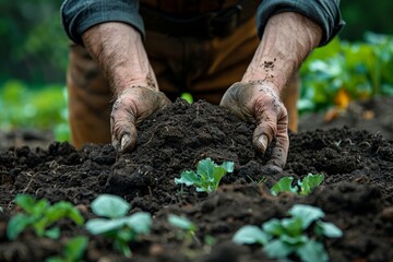 Weathered hands of a farmer working the fertile soil to prepare it for planting, showing the labor and love of land cultivation - obrazy, fototapety, plakaty