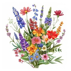 2D asset element of a bouquet of wildflowers, bursting with colors, isolated on white background