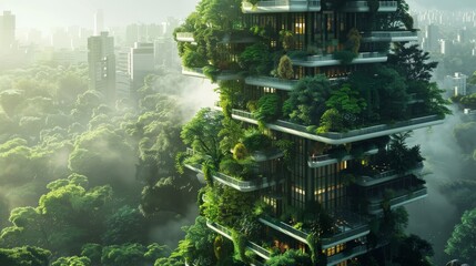 A futuristic eco-friendly skyscraper design with lush greenery on every level, nestled in a serene forest, showcasing harmony between urban living and nature.