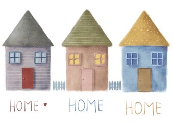 three colorful houses watercolor illustration