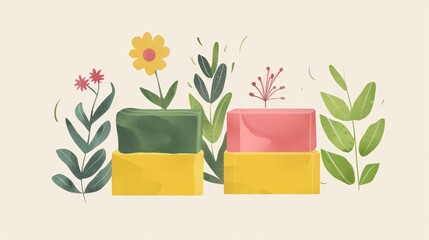 Floral illustration with a bar of soap in the center.