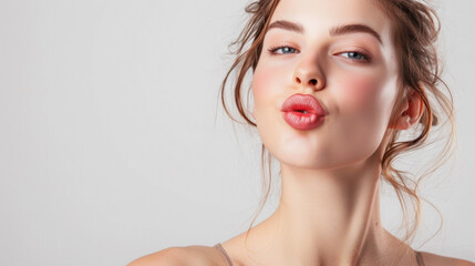 Flirty Woman Blowing Kiss in Studio on  white Background - obrazy, fototapety, plakaty
