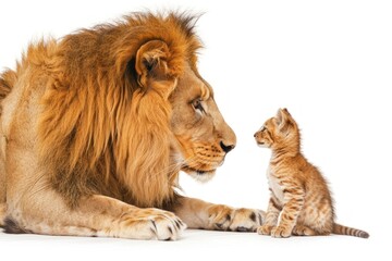 lion looking at a little kitten Isolated on white background