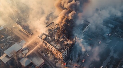 Aerial view of a building on fire, with smoke rising into the sky and firefighters working to extinguish the flames