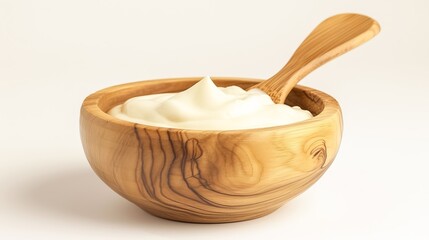 Fototapeta na wymiar Tasty yoghurt in a wooden bowl isolated on a white background.
