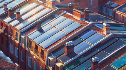 A row of buildings with solar panels on their flat roofs - obrazy, fototapety, plakaty