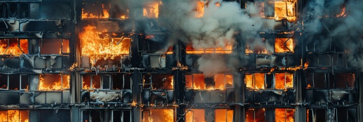 Close-up of a building facade, with flames visible through broken windows and smoke pouring out - obrazy, fototapety, plakaty
