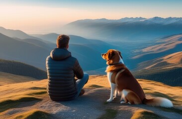 View from the back. A man and a dog are sitting on the edge of a cliff against a mountain...