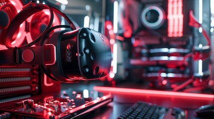 Fototapeta premium Black VR headset on top of red computer
