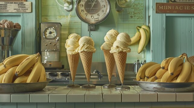 Three ice cream cones on counter next to bananas