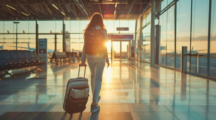 Young Woman Walking to Flight Gate at Airport