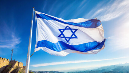 Fahne, die Nationalfahne von Israel flattert im Wind - obrazy, fototapety, plakaty