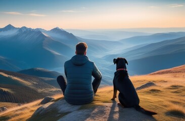 A man and a dog are sitting on the edge of a cliff against the backdrop of a mountain landscape